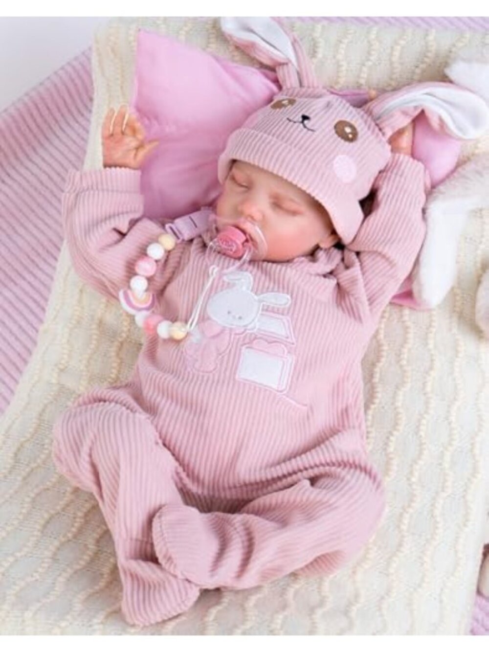 18in Sleeping Reborn Baby Girl Doll Weighted Soft Body Pink Knit Bunny Set